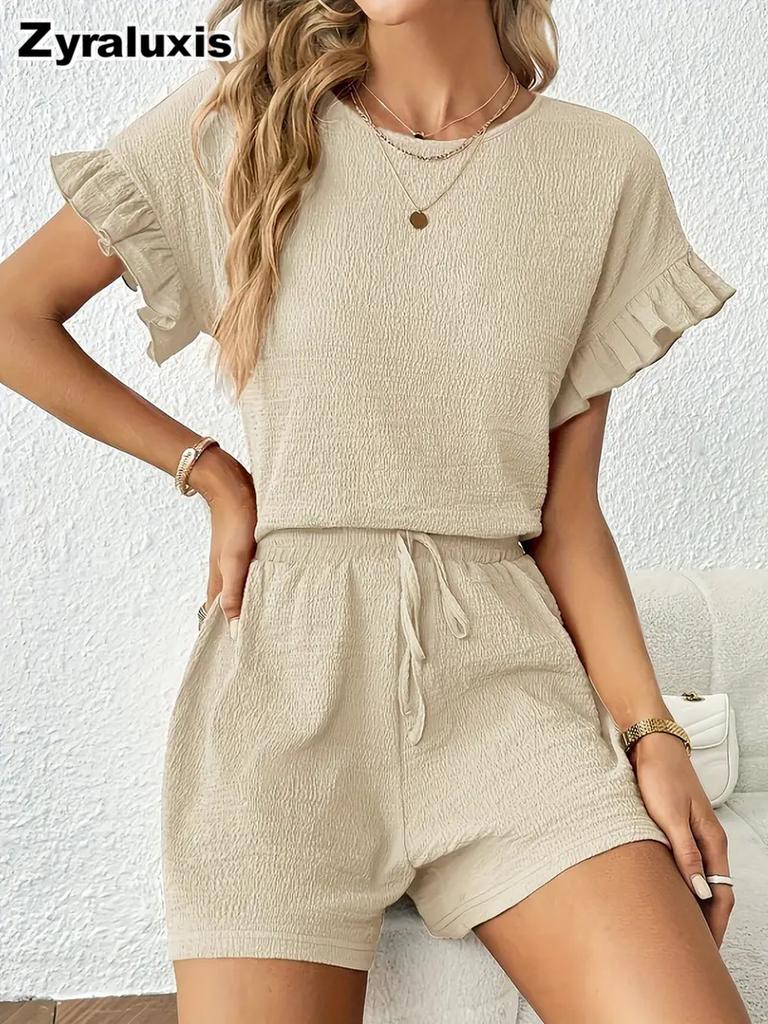New Solid Color Summer and Spring Casual Two-Piece Set Top and Shorts