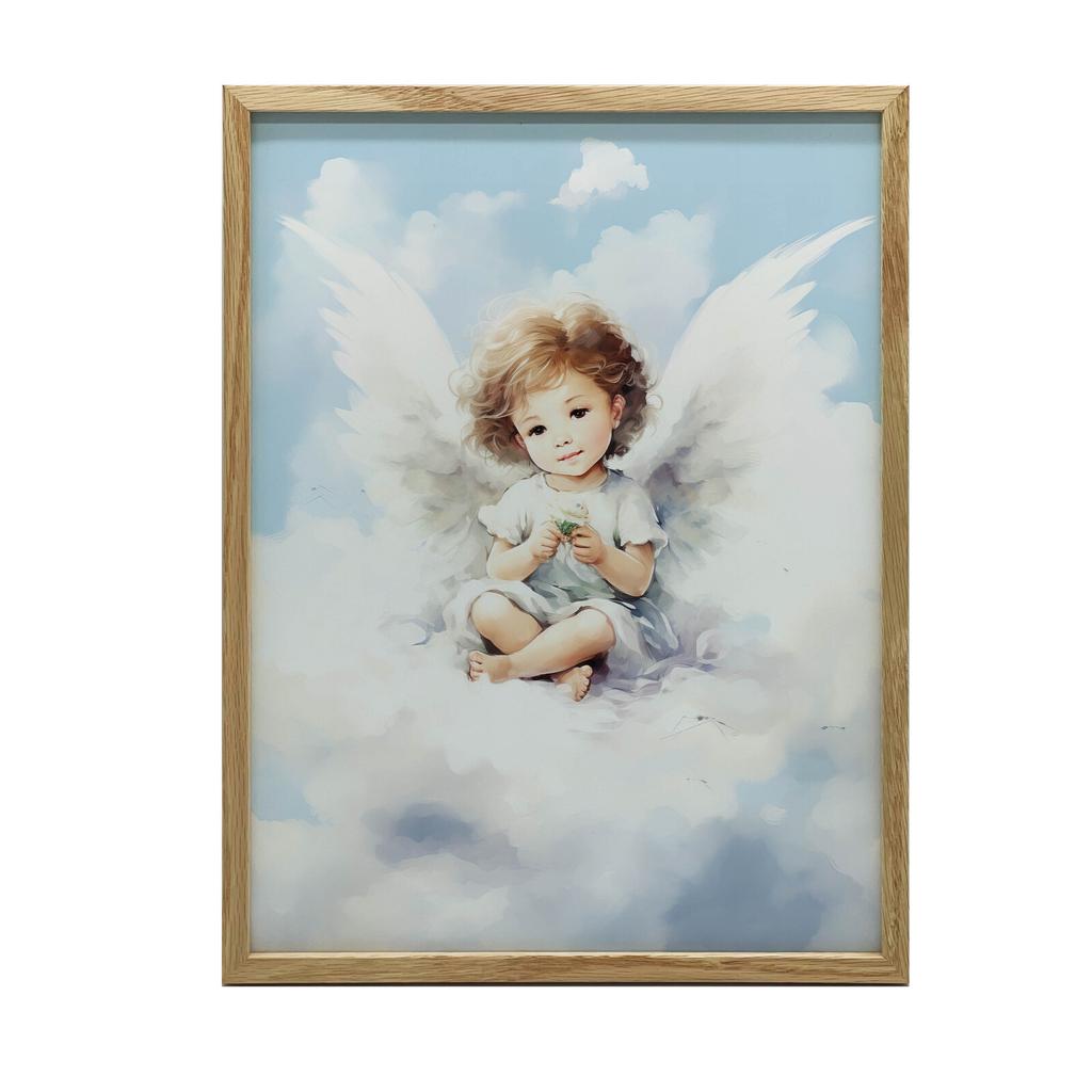 Charming Little Angel On a Cloud Charming Little Angel On a Cloud, 50X70 Cm, Light Oak Wooden Frame, Matte Paper 230 Gsm