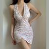 Pure Desire Wind Hanging Neck Sexy Dress Summer Women's Clothing Spice Girl Backless Waist Thin Floral Split Hip Skirt