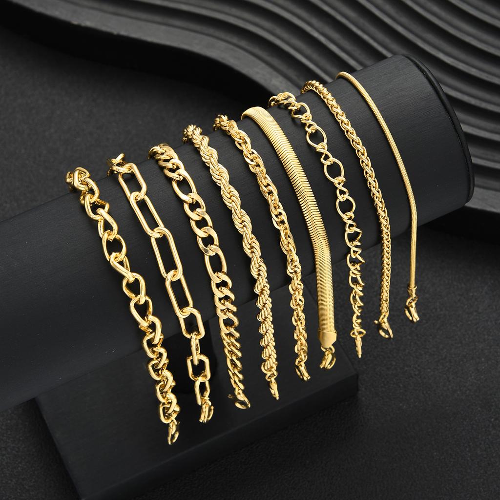 9pcs Simple Punk Chunky Chain Bracelet Set for Women Fashion Metal Snake Twisted Designs Multi Layered Bracelets Daily Jewelry