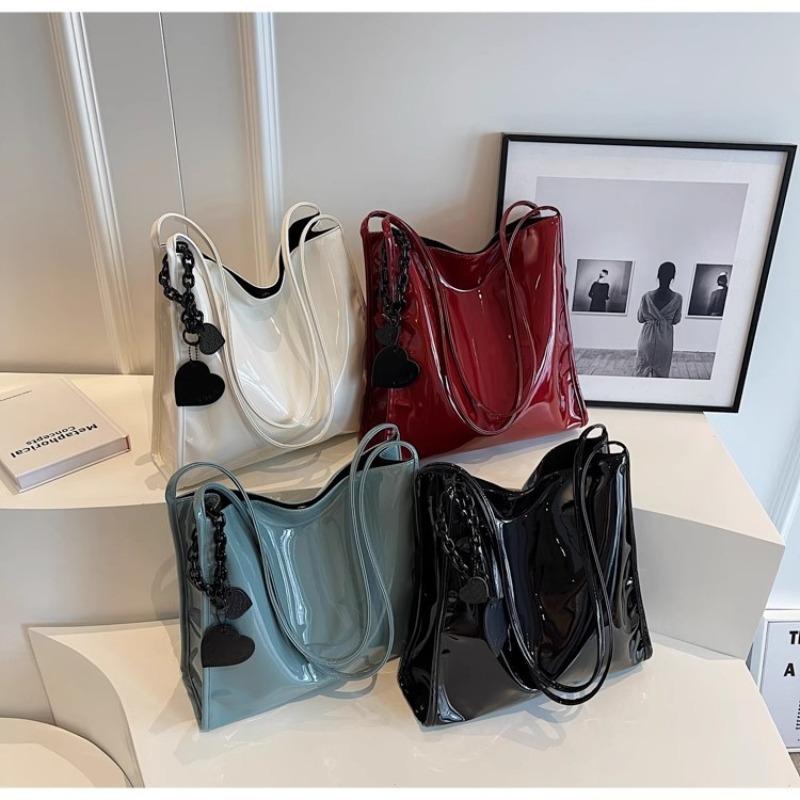 Red Patent Leather Glossy Work Commuter Bag Female Large Capacity Summer College Student Class Armpit Bag Tote Bag