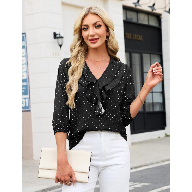 Womens Ruffled V Neck Three Quarter Sleeve Polka Dot Chiffon Blouse
