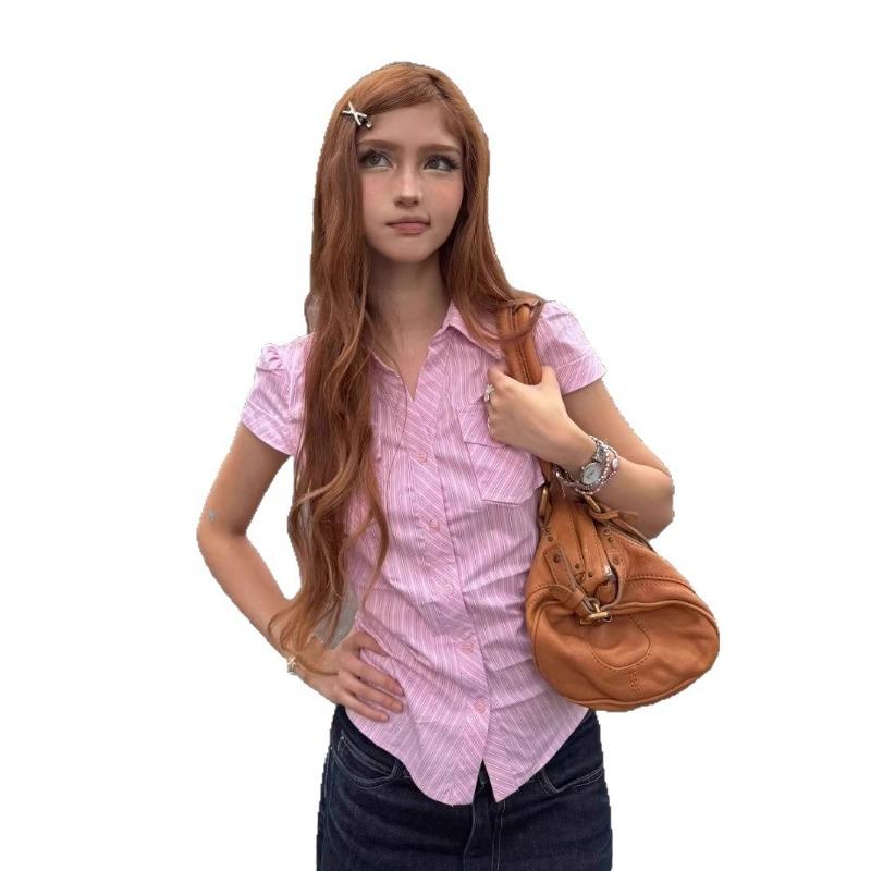 

Pink Striped Lady Pocket Shirt Shoulder Design Waist Cinching Slim Women s Short Sleeve Blouse Korean Style Lapel Button Casual Trendy Shirts XL розовый