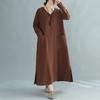 2025 Plus Size V-Neck Long Sleeve Cotton Linen Maxi Dress Loose Fit Straight Cut Coffee Black