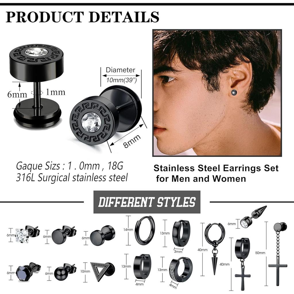 Bobiaty 15Pairs Stainless Steel Stud Earrings for Men Women Goth Hypoallergenic Zirconia Hoop Dangle Earrings Set Halloween