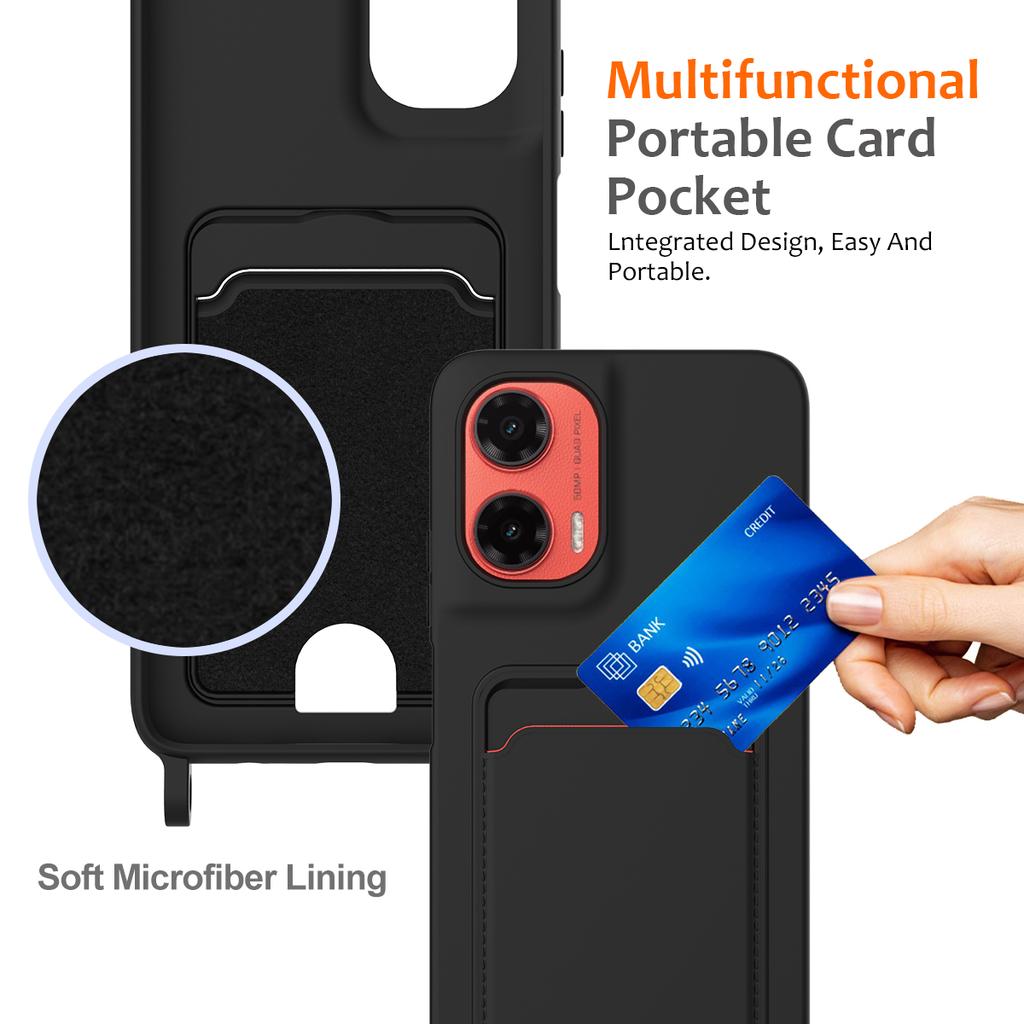 Para Capa Motorola Moto G35 5G Silicone Líquido Porta Cartões Capa Traseira para Celular com Cordão