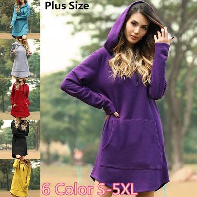 Autumn Women Hoodies Fashion Solid Color Hooded Pocket Long Sleeve Large Size Sweatshirt Dress