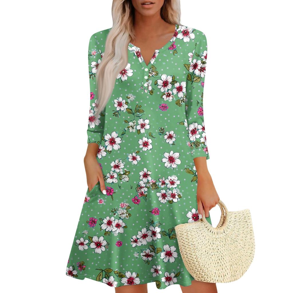 Women's Fashionable V-Neck Button Seven Part Cuff Pocket Floral Dress