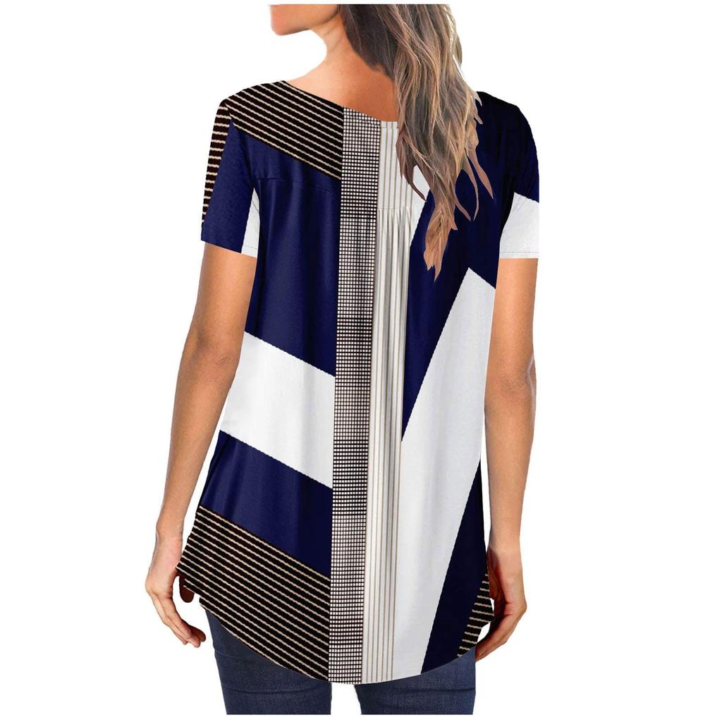 Damen Kurzarm-Tunika, lockere Oberteile, lässig, Übergröße, Oberteile, plissierte Tunika, Knopf-T-Shirts