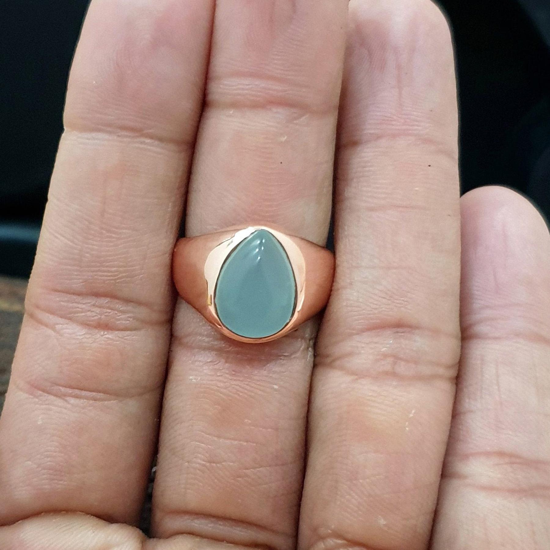 

Pear Cab Aquamarine Gemstone 925 Sterling Silver Rose Gold Overlay Ring Jewelry, Unisex Signet Gift Ring 10