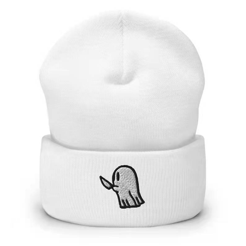 Unisex Student Hip-hop Cute Cartoon Hat with Ghost Embroidery, Knitted Beanie, Outdoor Sports Warm Hat