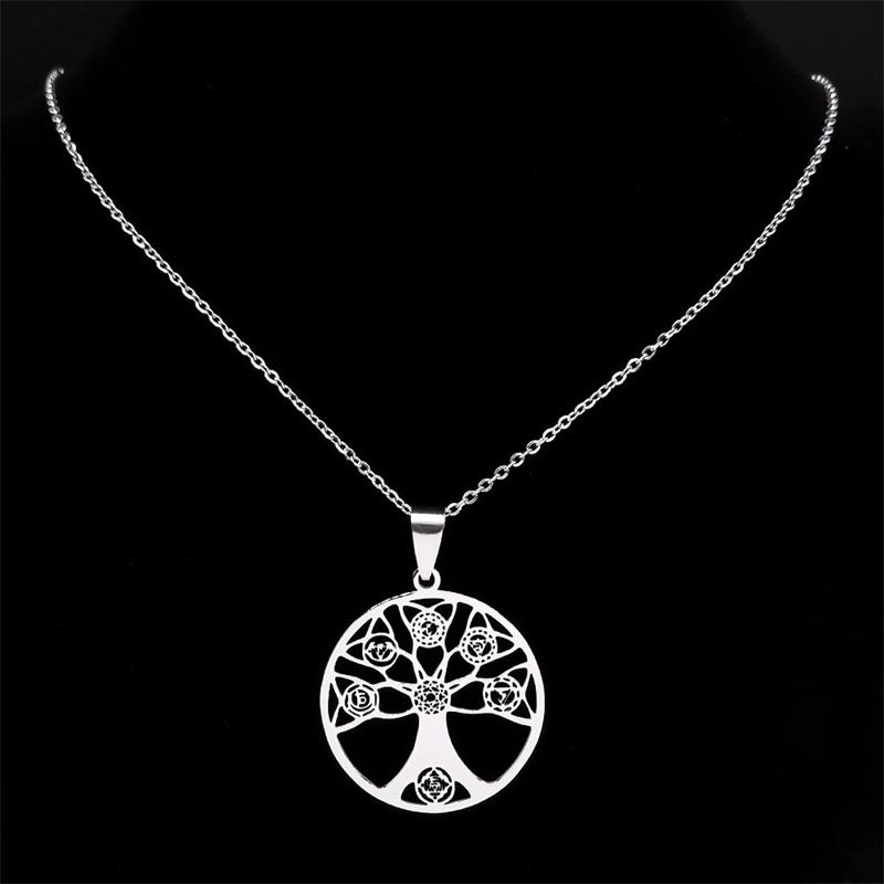 7 Chakra Healing Tree of Life Necklace for Women Men Stainless Steel Silver Color Spiritual Buddhism Necklace Jewelry bijoux