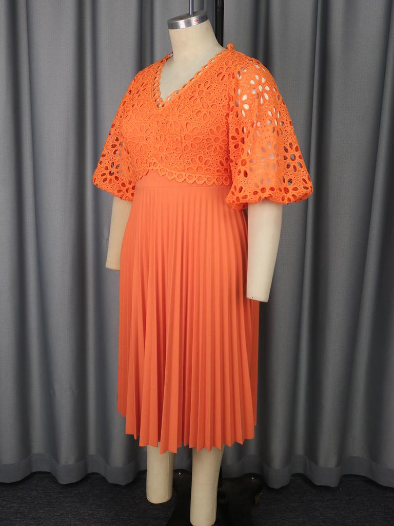 Lace Patchwork Pleated Midi Dresses for Women with V Neck Hollow Out Lantern Sleeves for Weddings Party and Special Occasions