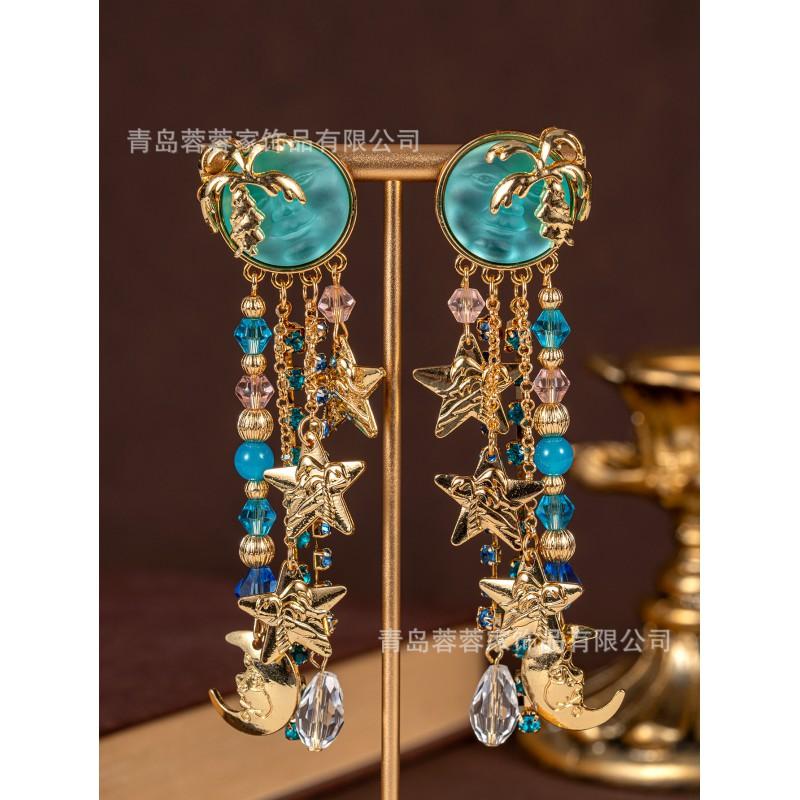Vintage Dream Blue Moen Face Star Moon Tassel Earrings Exquisite Unique Light Luxury