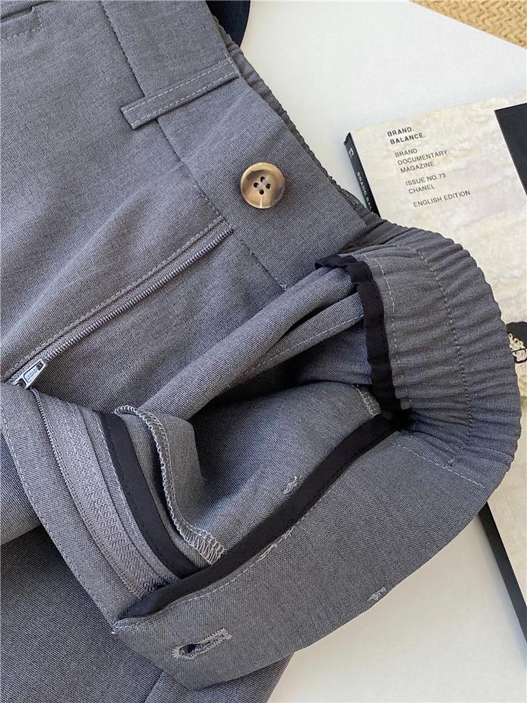 Women's 2024 Autumn Khaki Wide-Leg Suit Pants - Navy Blue, Loose, Straight, Nine-Point Length