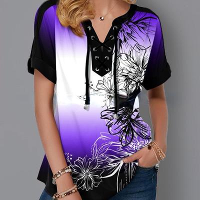 Baskı Çiçek T Shirt Kadın Kısa Kollu Bandaj Çapraz V Boyun Gevşek Tee Bayanlar Artı Boyutu Üstleri Yaz T Shirt Giyim