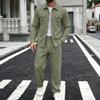 Men's Linen Two-Piece Set with Long Sleeve Shirt and Pants, Turn-Down Collar, Double Pockets, Loose Fit Casual