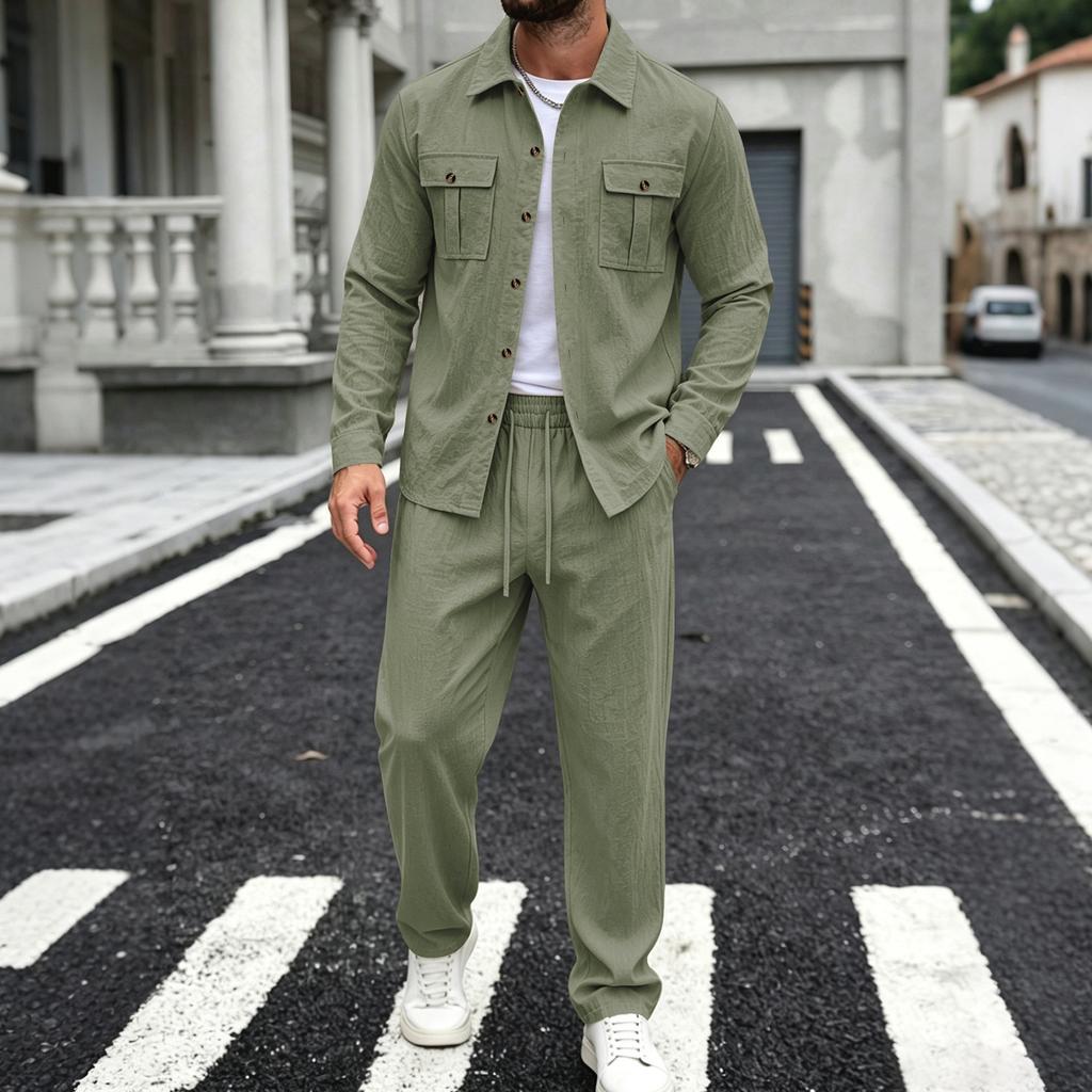 Men's Linen Two-Piece Set with Long Sleeve Shirt and Pants, Turn-Down Collar, Double Pockets, Loose Fit Casual