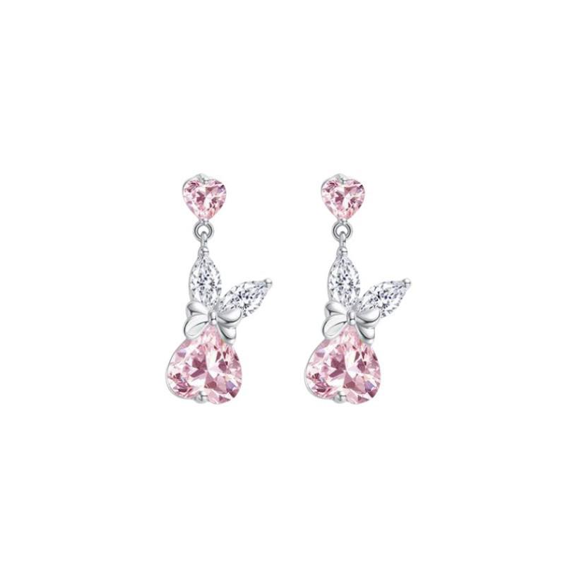 Pink Zircon Heart Bow Bunny Ear Studs Women's Fashionable Luxury Silver Needle Cute Earrings