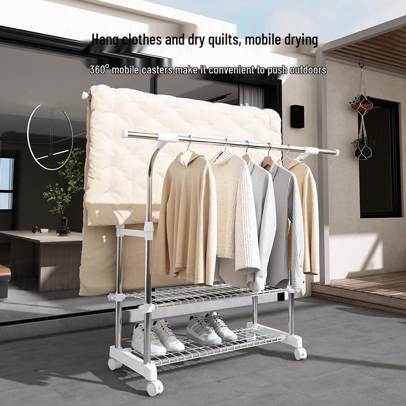 Floor-Standing Double-Rod Mobile Drying Rack, Retractable Stainless Steel Clothes Pole for Home and Balcony