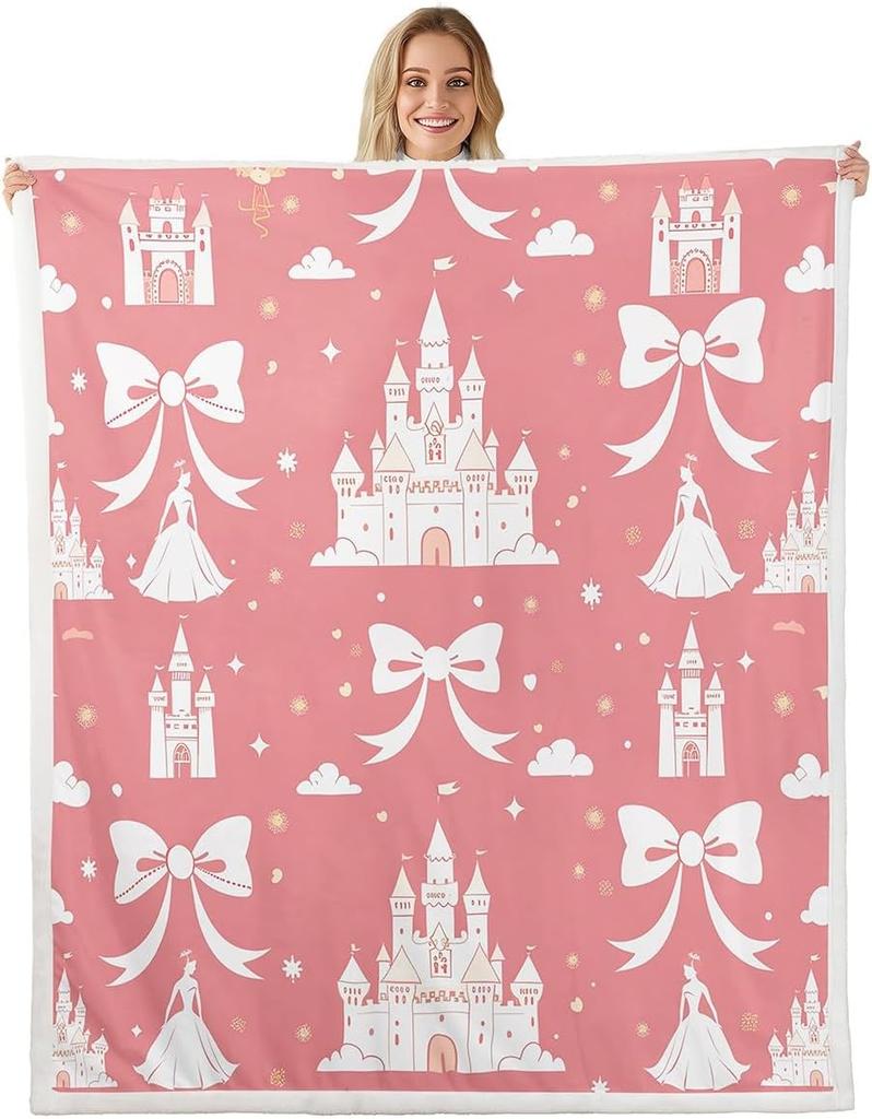 Blue Bow Pattern Blanket Soft Fleece Throw Elegant Home Decor Gift for Women Girls Bedroom Bedding Cover