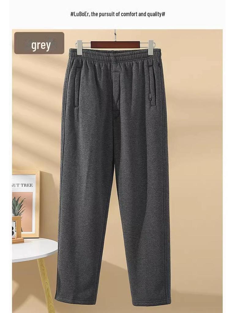 Męskie pluszowe spodnie dresowe z jagnięcej skóry - Pogrubione, o luźnym kroju, zimowe spodnie codzienne dla osób w średnim i starszym wieku.