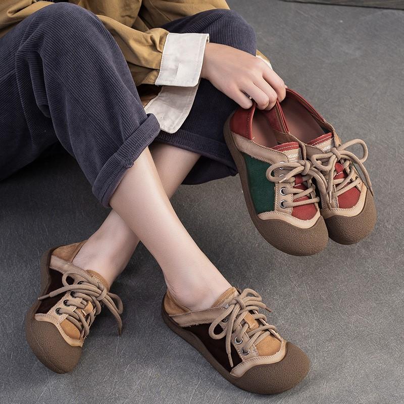 Johnature Retro Lightweight Commuting Women's Shoes Genuine Leather Mixed Colors Soft Soled Lace Up Flats