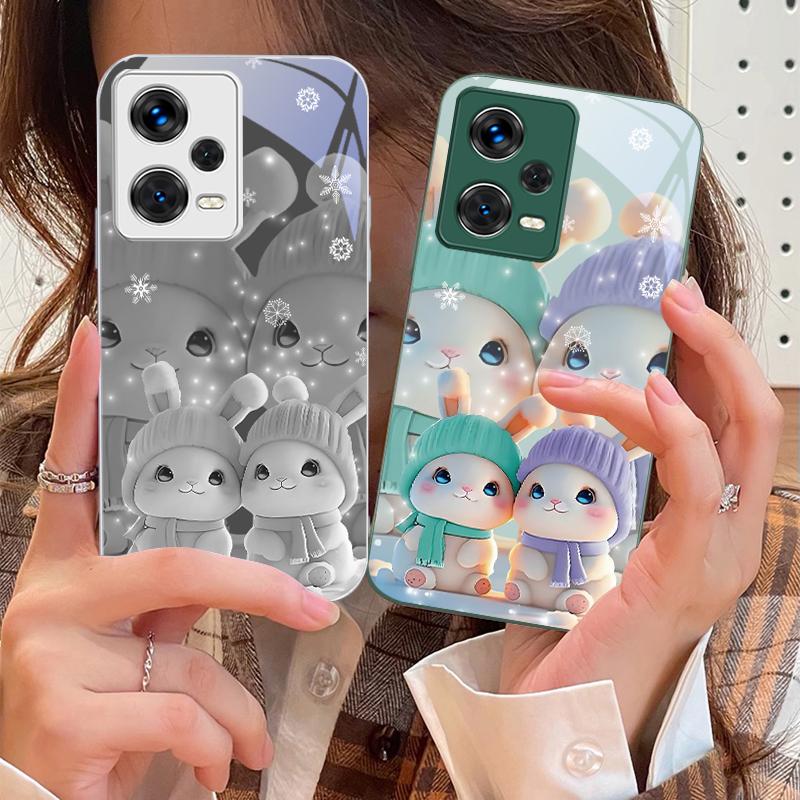 Cute pink twin rabbits For Redmi Note 10 10T 11 12 13 14 11T 11S 12 14 Pro Plus A4 14C A3 A3x K40 Gaming Tempered Phone Case