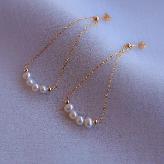 Exquisite natural small pearl earrings, long chain earrings, silver needle gold-plated retro Hanfu stud earrings, new trendy Silver needle