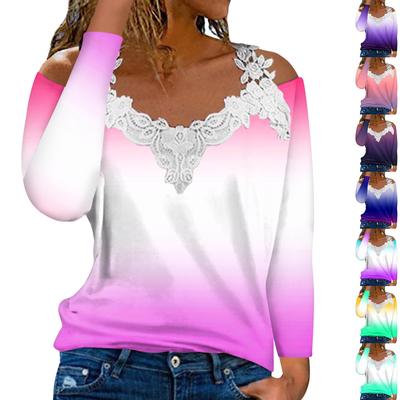 Fashionable Lace V-neck Pullover Long Sleeve Gradient Print Top Casual T-shirt