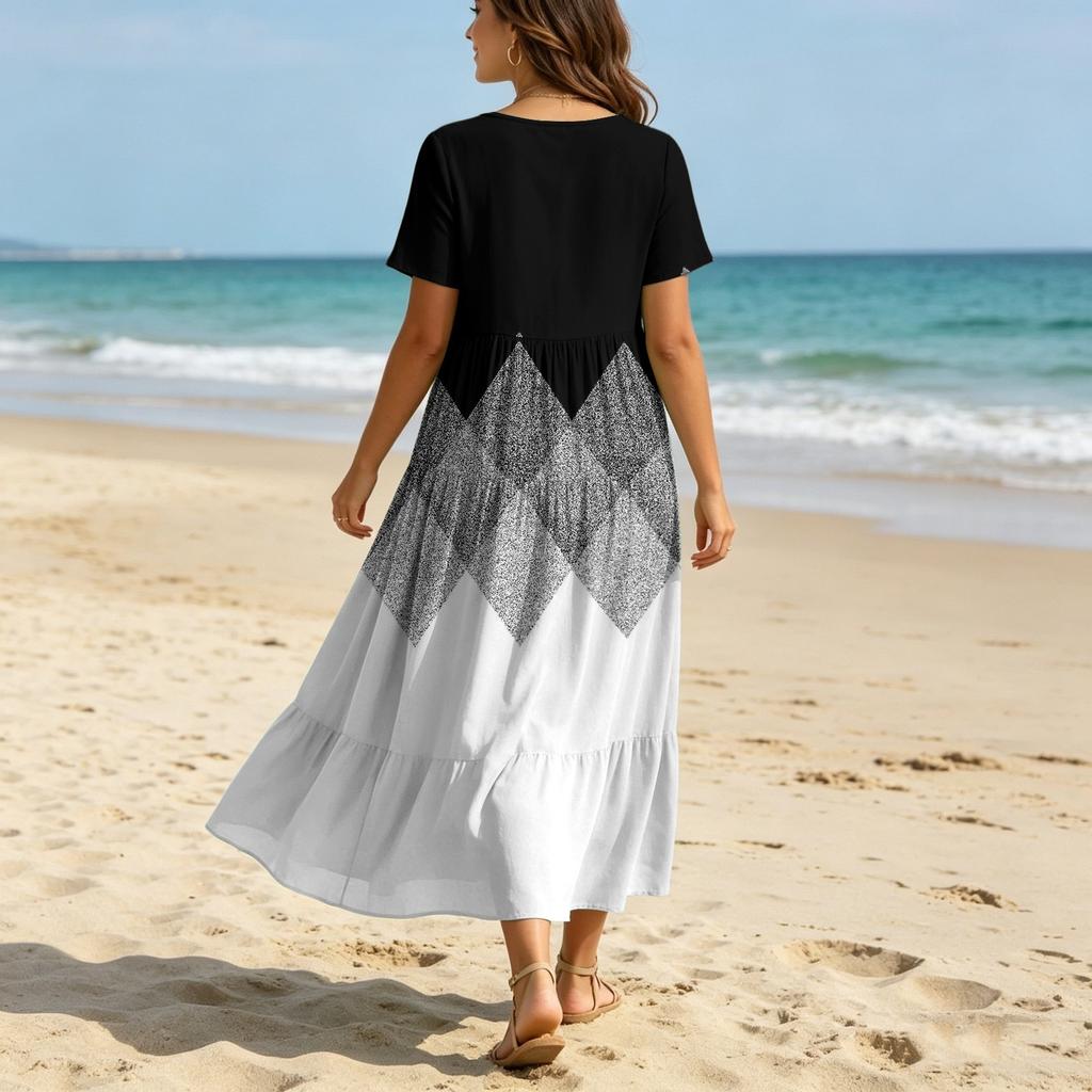 Women's Casual Loose Fit Bohemian Style Gradient Print Short Sleeve V Neck Midi Dress with Elastic Waist and Flowing Skirt for Everyday Wear
