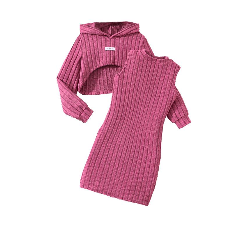 Rochie vestă hanorac tricotată cu nervuri pentru fete, toamna 2025