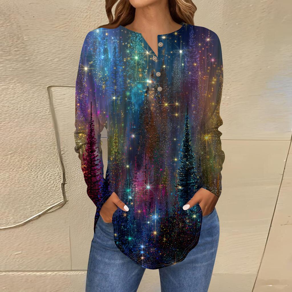 Women's Fashionable Loose-Fit Button-Down Collar Christmas Print Long-Sleeved Top