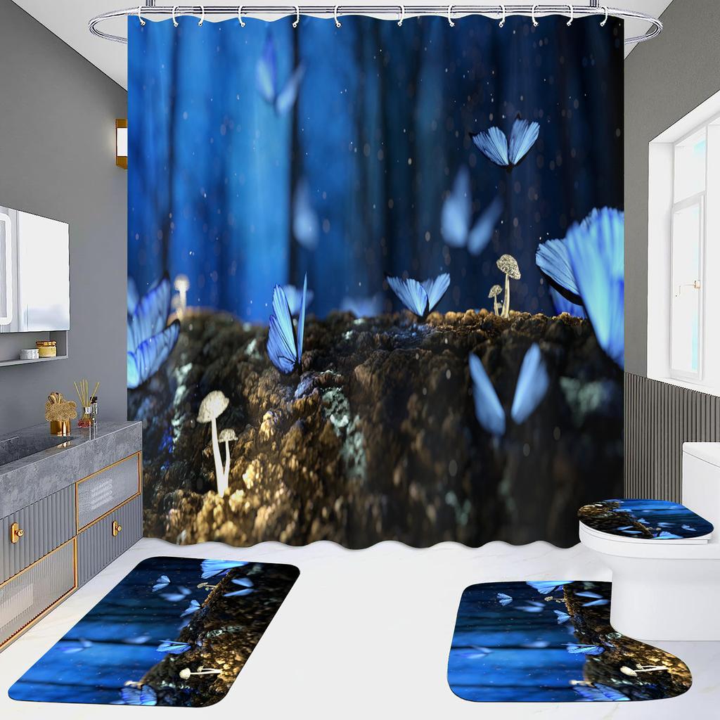4-Piece Shower Curtain Set with HD Digital Printing | Waterproof, Drill-Free, Ideal for Home/Hotel Bathroom Partition