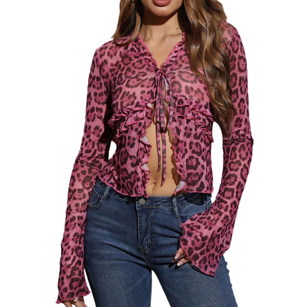 Women's Leopard Print Mesh Cardigan, V-Neck Lace-Up Lightweight Cover-Up for Spring and Summer