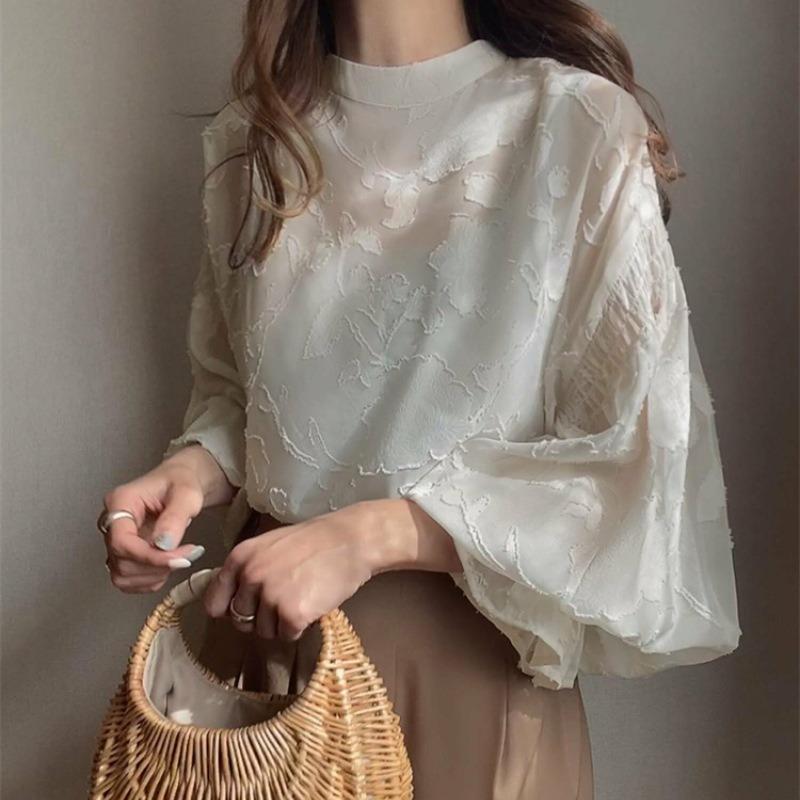 Blusa base casual da donna, larga, reversibile, a maniche lunghe, in pizzo
