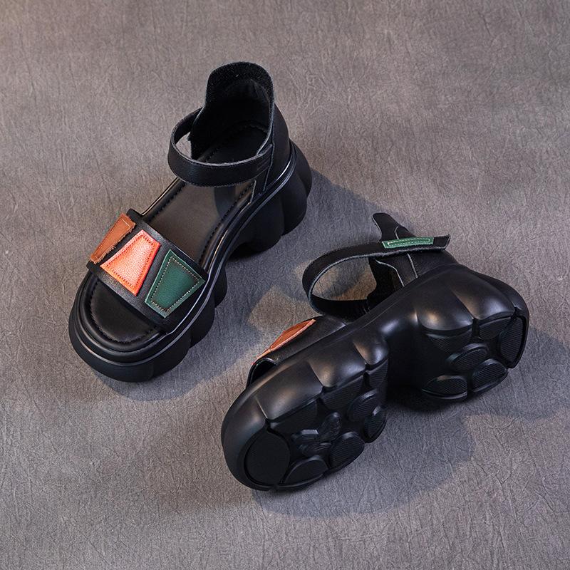The first layer of cowhide sandals for women in the summer of 2025, the new breathable hollow ethnic style retro thick-soled muffin shoes for women