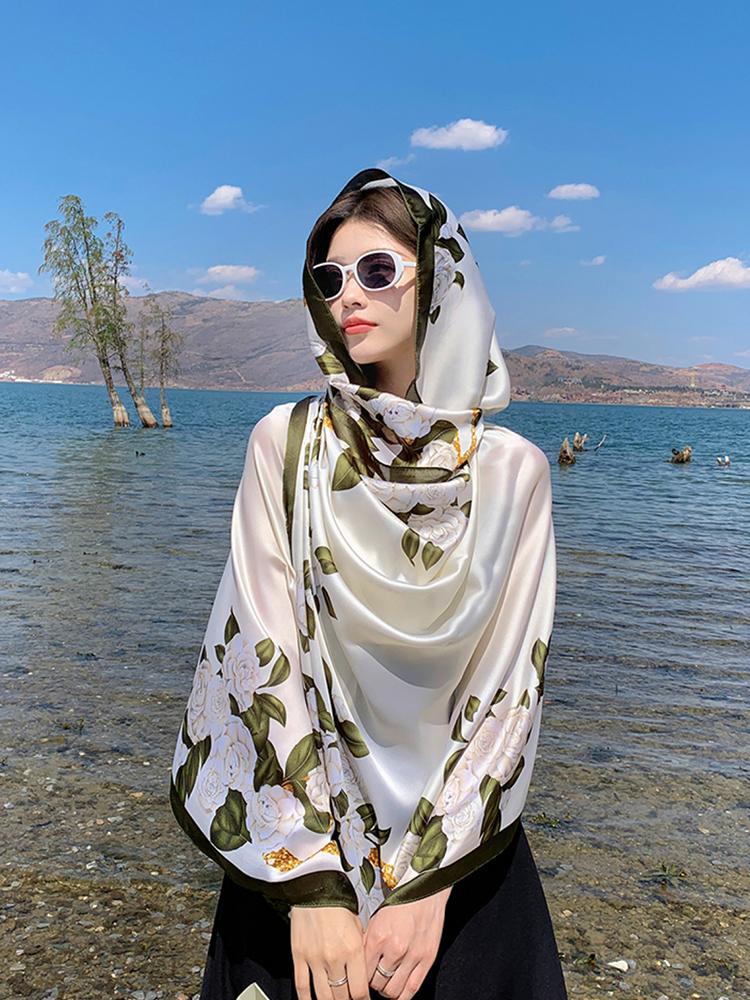 New Summer Luxury Elegant Women Silk Scarf Beach Long Wrap Shawls Satin Floral Print Bandana Hijab Mujer Scarves Pareo Foulard