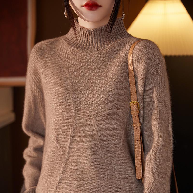 Women's Autumn/Winter Wool Pullover Sweater - Half-High Collar, Irregular Lines, Casual, Thickened Base Layer
