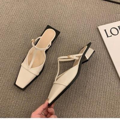 Zapatos de mujer nueva moda bolso cabeza zapatillas de media punta uso exterior punta cuadrada tacón bajo pie