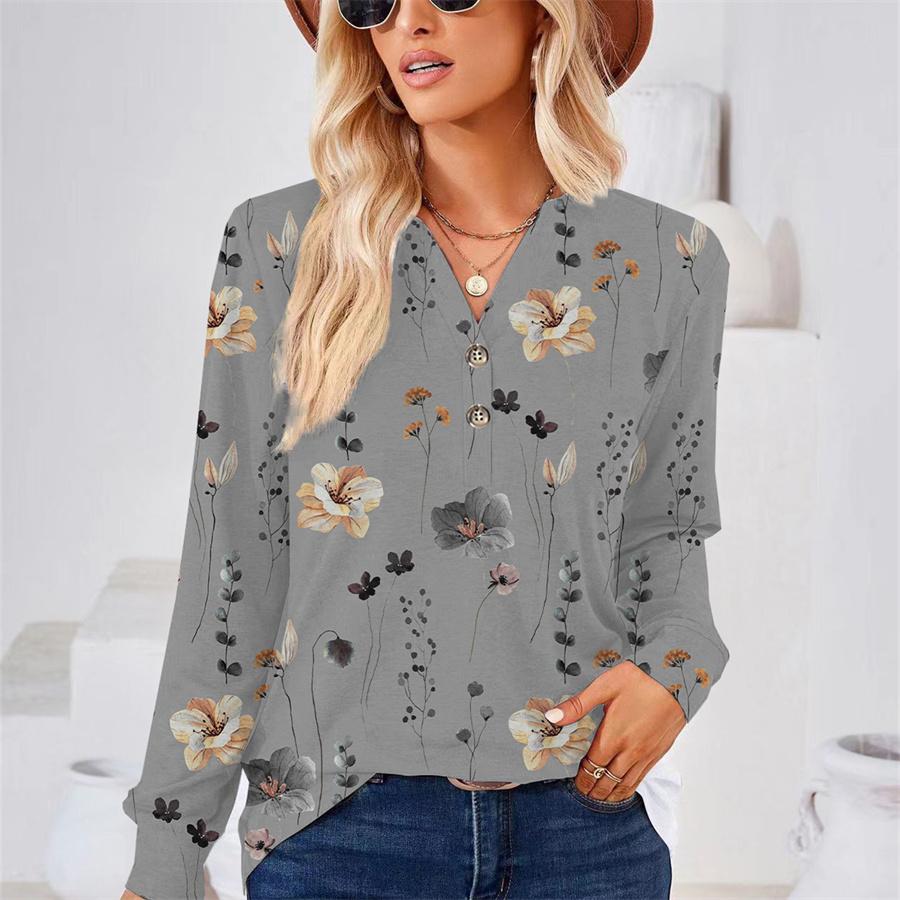 

Осенняя блузка с длинным рукавом и v-образным вырезом с цветочным принтом для женщин больших размеров 2XL серый