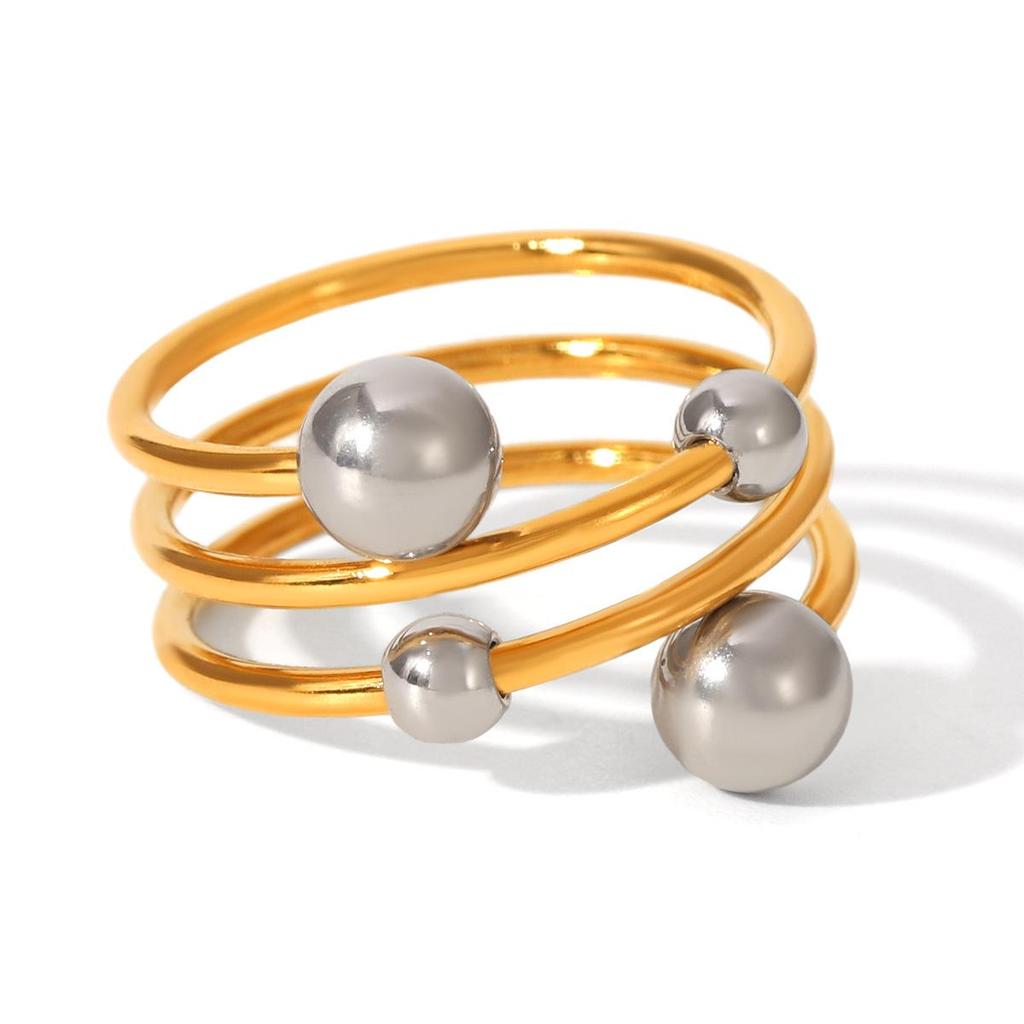 European-American Gold & Silver Color-Block Spherical Multilayer Open Ring - Versatile Titanium Steel Women's Ring