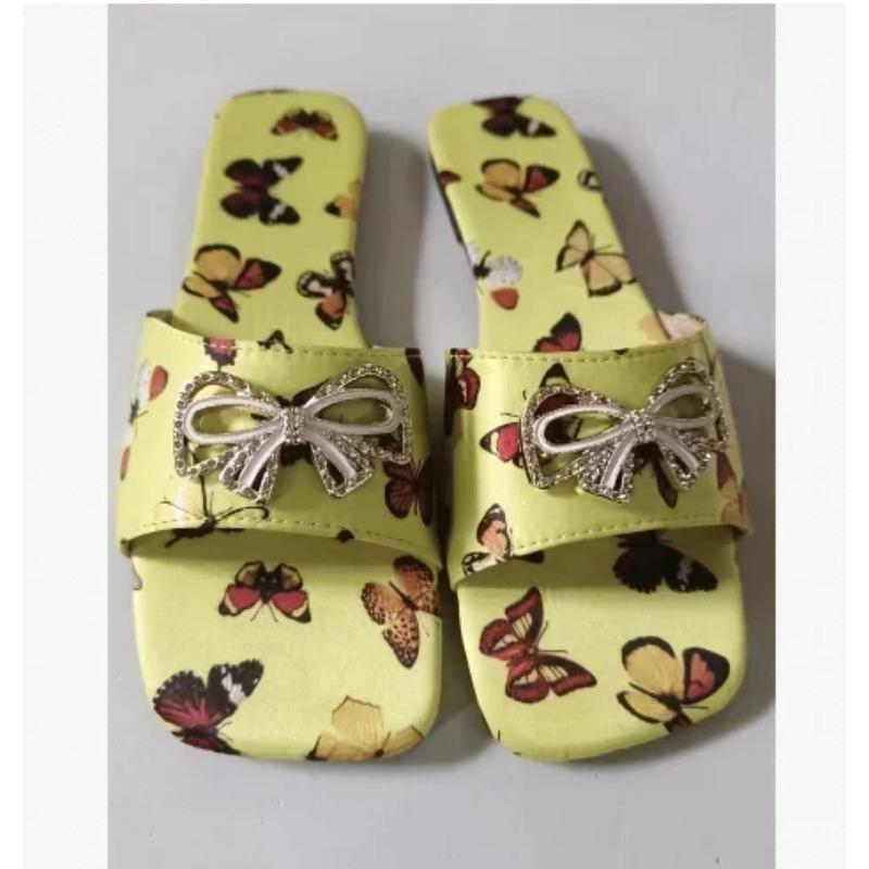 

Літні жіночі шльопанці з квадратним носком, нові шльопанці з відкритим носком та метеликом, взуття для жінок, повсякденне пляжне взуття, жіночі шльопанці 43 жовтий