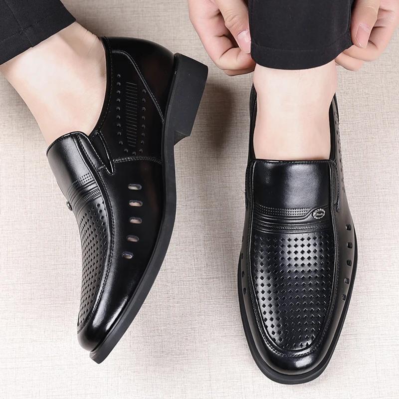 Leather Shoes Men slip on hole summer Luxury Business Men Dress Office Shoes High Quality Elegant Men Party Wedding Footwear
