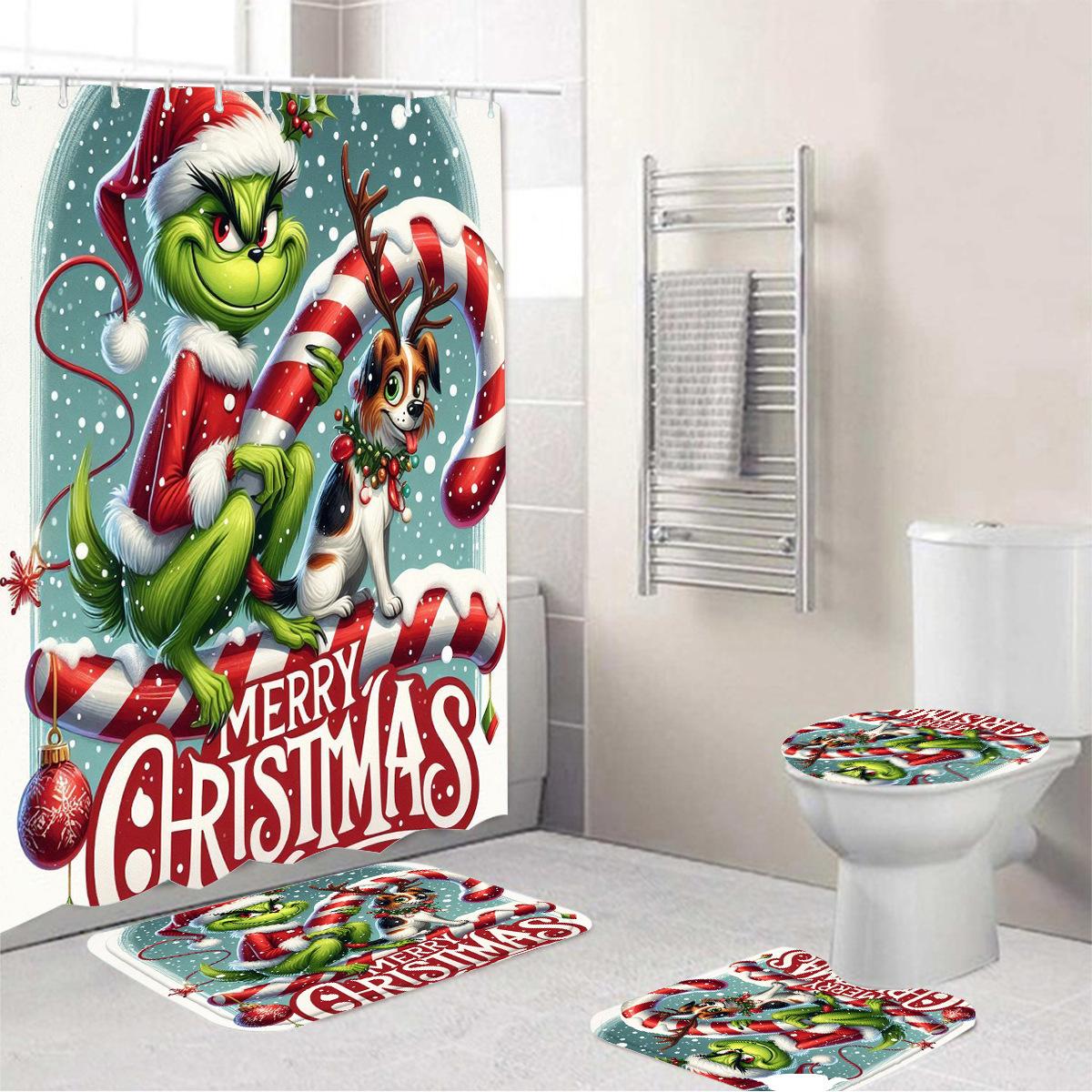 

Temu Bathroom Three-Piece Set, Green-Haired Grinch Pattern Bathroom Non-Slip Mat, U-Pad And Shower Curtain Set Floor mat 40X60CM