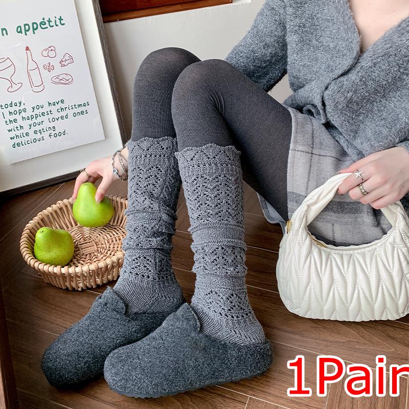 1 Pair Stockings Autumn Thigh High Stocking Harajuku Hollow Vintage Calf Sock Winter Knitting Cotton Long Socks Fashion Woman