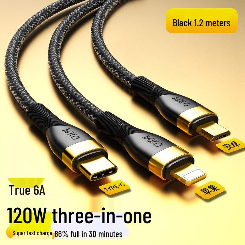 66W 3-in-1 Data Cable: Fast Charging 120W 6A for Apple, Huawei, and More