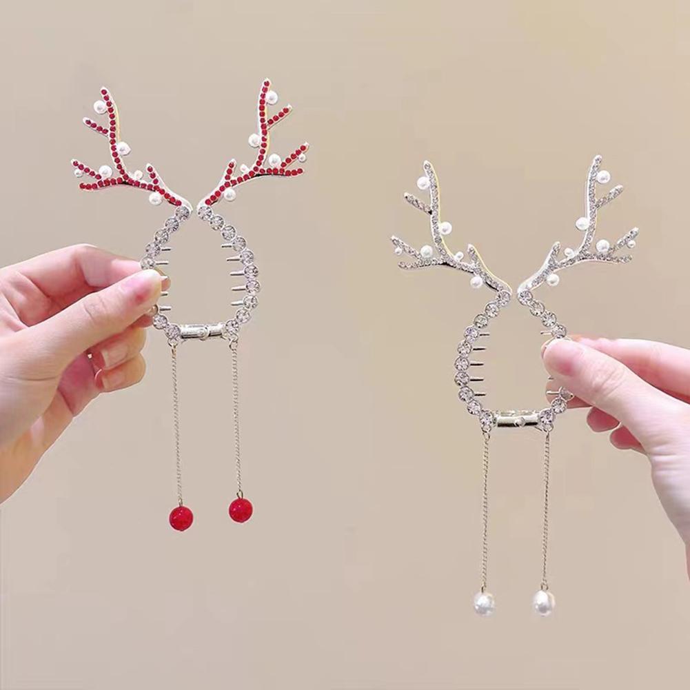 Xmas Reindeer Antlers Hair Clip Ponytail Bun Holder With Tassel Cute Pearl Sweet Elegant Reindeer Design Women Hair Styling Tool