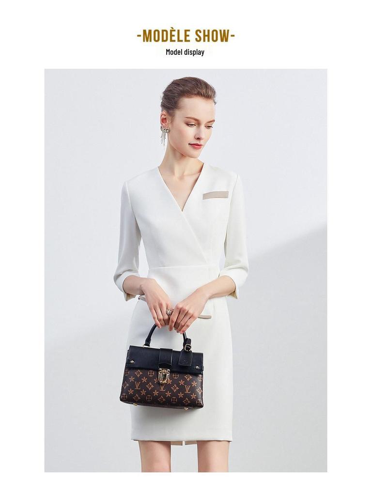 Formal Pleated V-Neck Slim Dress for Beauty Salon Receptionist