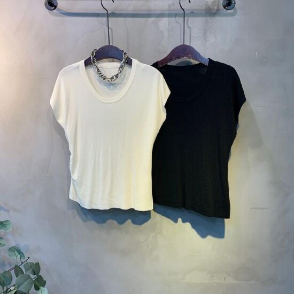 C S In The Room Todd ShirrIng Cap Sleeve KniT T ShirT 2Color